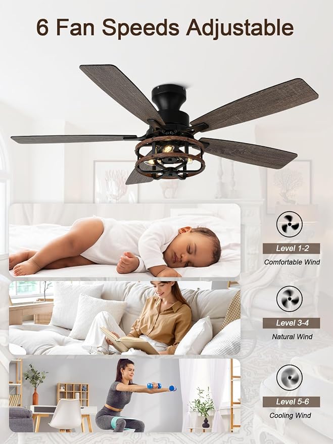 52" Farmhouse Rustic Ceiling Fan with Lights Remote Flush Mount | Rustic Caged Fandelier Low Profile Chandelier, for Bedroom Living Room, 5 Dual Blades Quiet Reversible DC Motor 6 Speeds