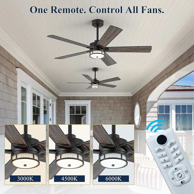 NORFOLK 52 Inch Outdoor Waterproof Ceiling Fans with Lights, Rustic Ceiling Fan and Remote for patios, Wet Rated 3 Color LED Lighting for Patios, Gazebos and Farmhouse