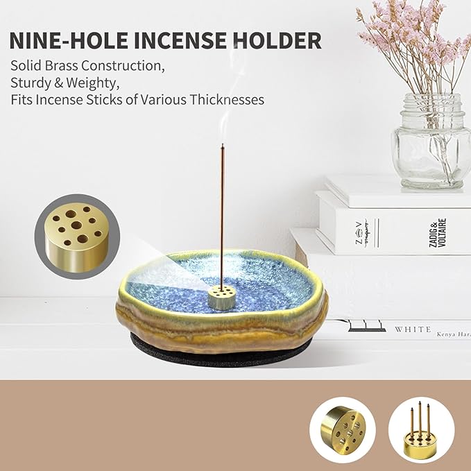 Handmade Ceramic Incense Burner, Ash Catcher for Sticks, 9 Incense Holes Suitable for Most Types, Cones, Palo Santo & Sage, Ideal for Meditation, Incense Smudging, and Home Decor (Blue Crystal)