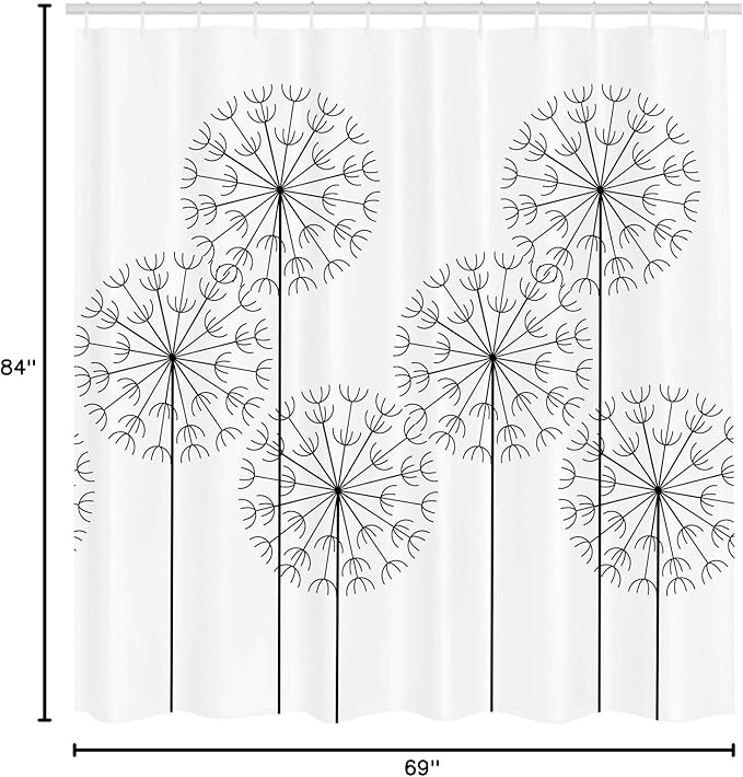 Ambesonne Floral Shower Curtain, Modern Hand Drawn Digital Flower Dandelions Botanic Plants Nature Art Print, Cloth Fabric Bathroom Decor Set with Hooks, 69" W x 84" L, White Charcoal Grey