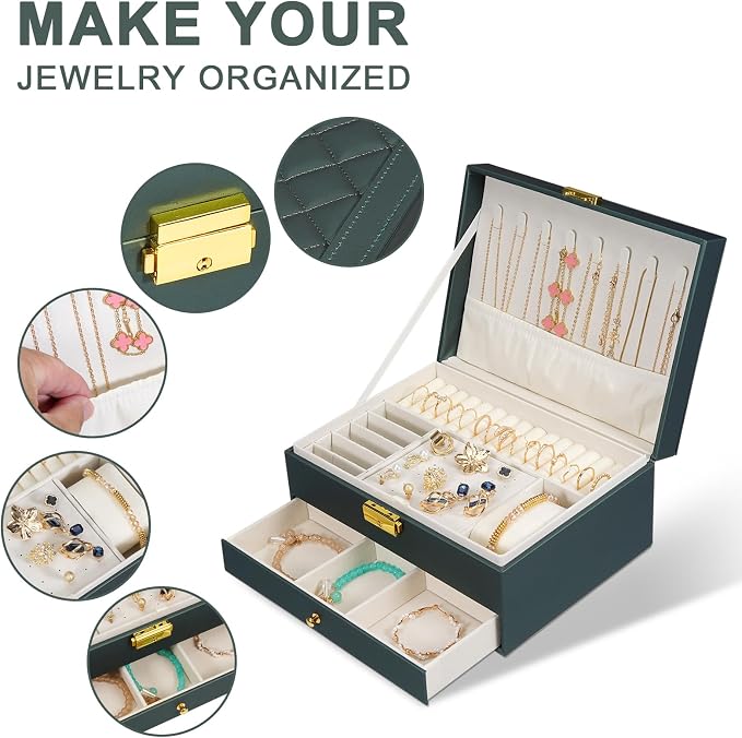 GUOER Jewelry Box for Women Girls, Two Layers Organizer, Hunter Green | Vintage Quilting Stitching PU Leather,Earrings Bracelets Rings Necklace Watches Storage Large Jewellery Holder Case Gifts