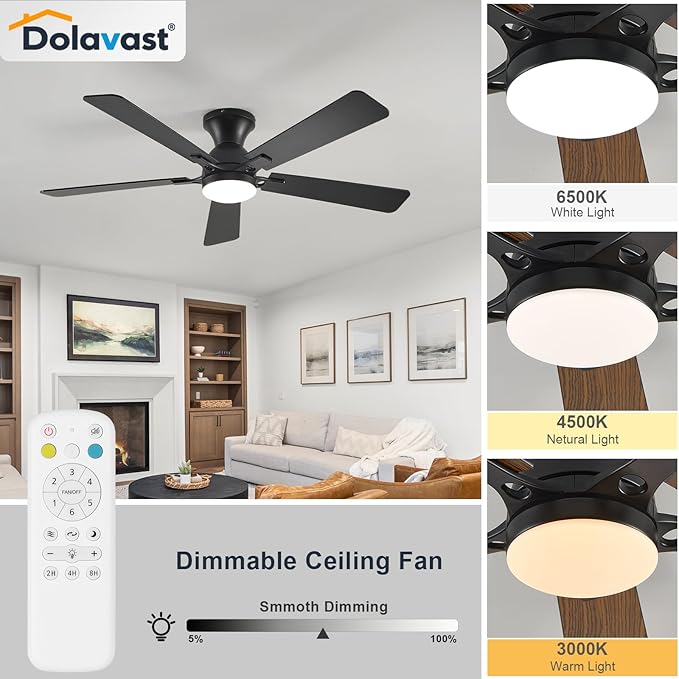 Ceiling Fans with Lights, 52 Inch Low Profile Ceiling Fan with Light and Remote Control, Flush Mount, Reversible, 3CCT, Dimmable LED, Quiet, Black Ceiling Fan for Bedroom, Living Room