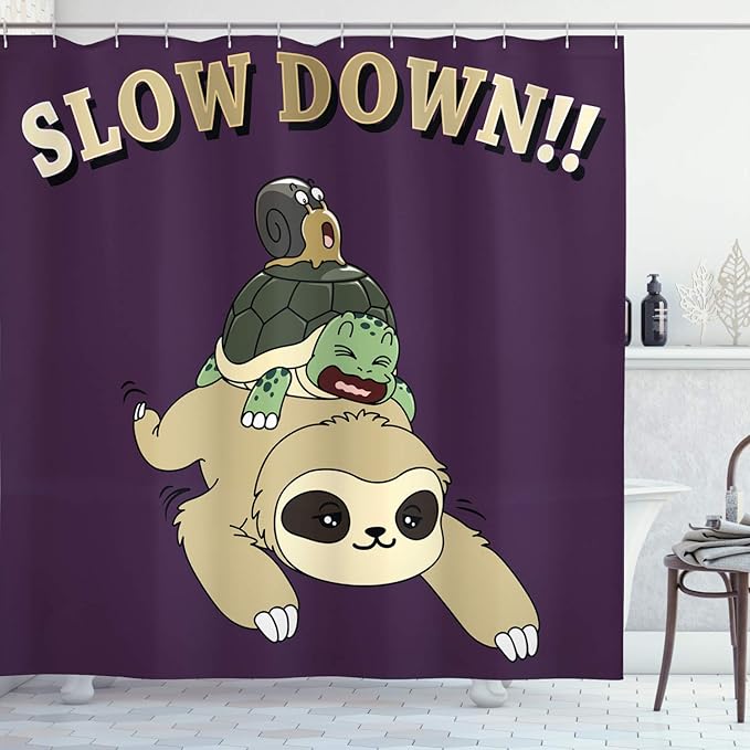 Ambesonne Sloth Shower Curtain, Funny Cartoon Scenery Animal Turtle Snail on Top of Each Other Slow Down Phrase, Cloth Fabric Bathroom Decor Set with Hooks, 69" W x 70" L, Plum Dark Eggshell