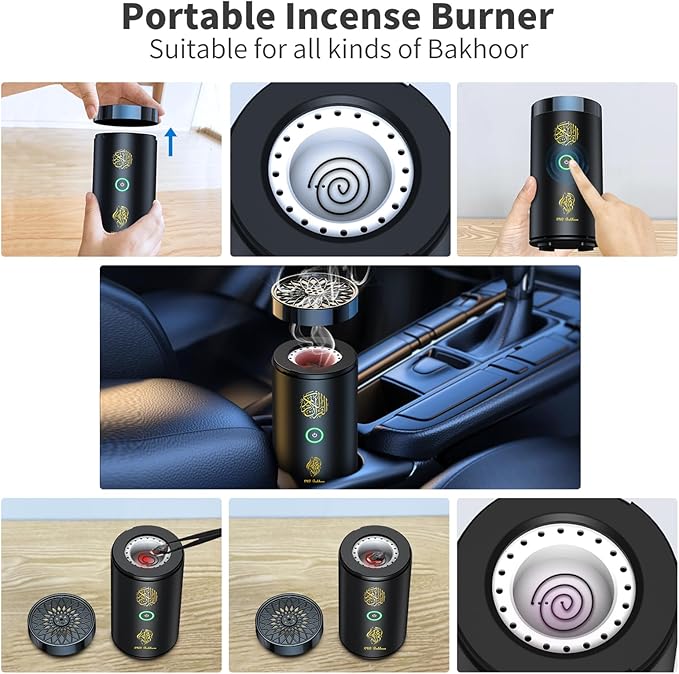 2 in 1 Electric Incense Burner with Quran Speaker, Rechargeble Bakhoor Burner Aroma Diffuser for Car Office Home Bedroom Living Room Study Spa (Black-1)