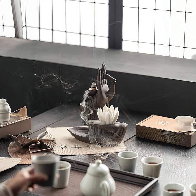 Lotus Hand Backflow Incense Burner– Ceramic Cones Incense Holder Waterfall Incense Burner & Incense Waterfall Fountain for Zen Decor Backflow Incense Cone Burner