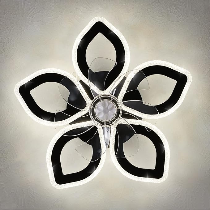 Dalouguan 21-Inch Ceiling Fan with Lights and Remote Control, Black Geometric, 6 Wind Speeds, 3 Light Color, Low Profile, Flush Mount, for Kitchen, Bedroom, Living Room
