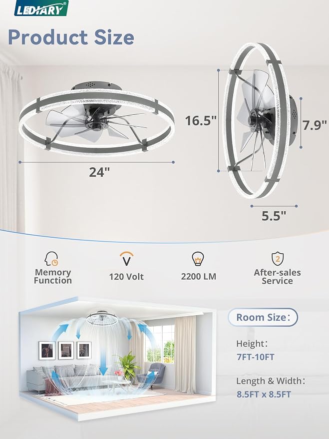 LEDIARY Ceiling Fans with Lights and Remote, 24'' Low Profile Ceiling Fan with Light, 3000-6000K Dimmable Fandelier Ceiling Fans, Modern Flush Mount Fan for Bedroom with 6 Wind Speeds- Sandy Gray