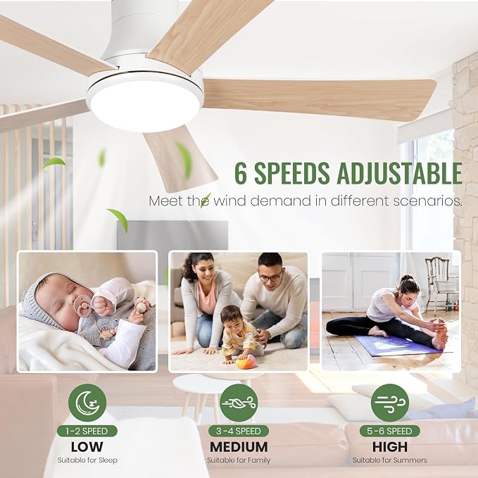 52 Inch White Ceiling Fans with Lights and Remote, Flush Mount Ceiling Fan with 5 Blades, Dimmable, Reversible Motor, 3-Color Temperatures, 6 Speeds, for Bedroom/Kidroom/Patio