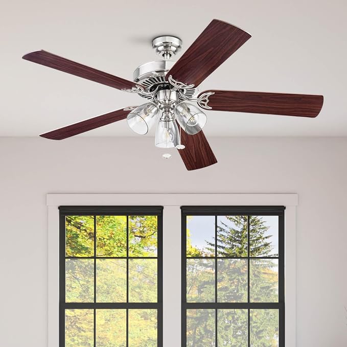 Prominence Home Saybrook Modern Farmhouse 52 Inch Ceiling Fan with Light, LED Ceiling Fan, Tri-Mount Indoor Fan with 5 Blades, Gray Oak and Brown Walnut Blade Finish Options, Matte Nickel (51592-01)