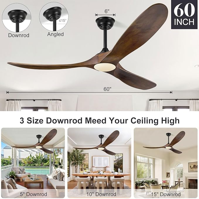 Eliora 60 Inch Ceiling Fans with Lights and Remote Control, Outdoor Ceiling Fan with Light High cfm Outdoor Ceiling Fan for Patio, Porch, 6 Speed Propeller Quiet DC Motor ETL Listed-Deep Walnut