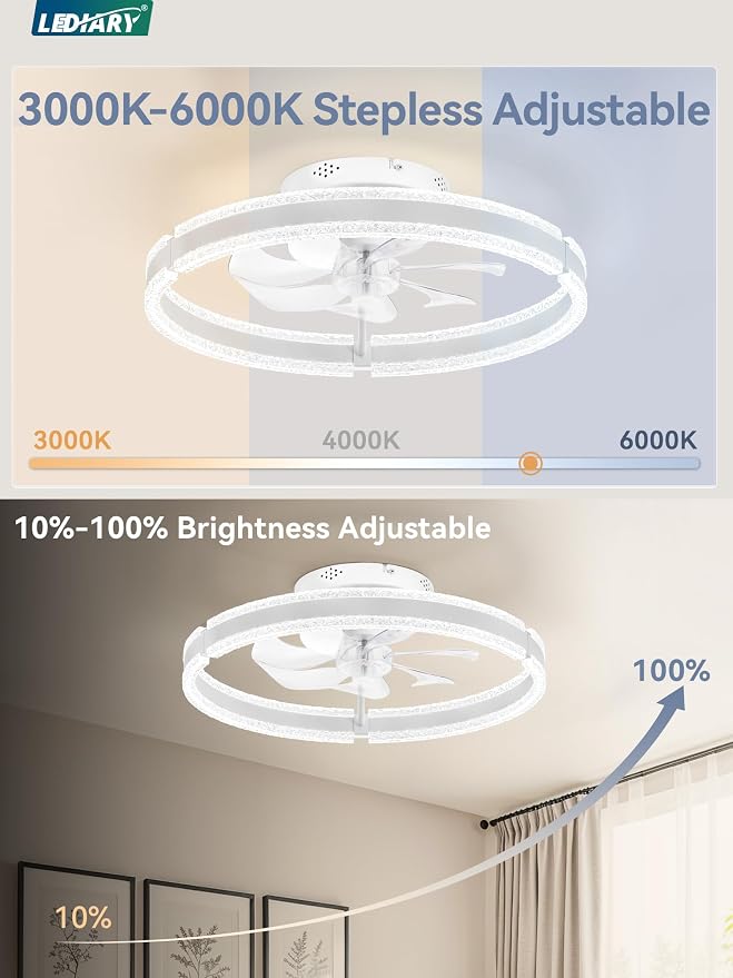 LEDIARY 20" Ceiling Fans with Lights and Remote, White Low Profile Ceiling Fan with Light, 3000-6000K Dimmable Fandelier Ceiling Fans, Modern Flush Mount Fan Light for Bedroom-2 Pack