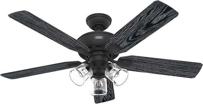 Hunter Rosner, Indoor, Ceiling Fan, Standard Mount, 52 inch, Matte Black | with LED Lights and Pull Chain, 5 Blades, For Bedroom, Living Room, Kitchen, 3 inch Downrod, 51595
