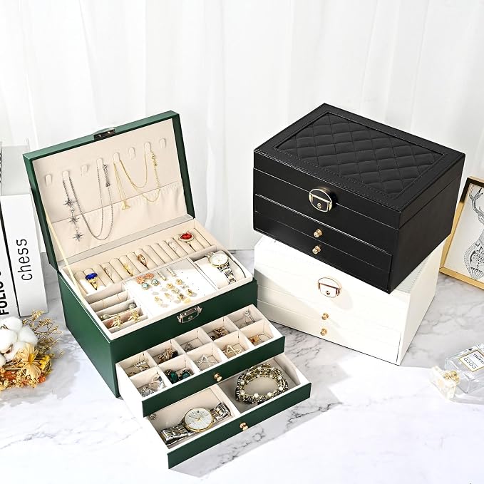 GUOER Jewelry Box for Women Girls, 3 Layers Large Jewelry Organizer (White) | Vintage Quilting Stitching PU Leather, Earrings Bracelets Rings Necklace Watches Storage Large Jewellery Holder Case Gifts