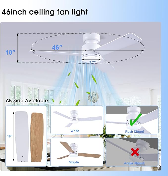 Kviflon 46 inch Ceiling Fans with Lights and Remote/APP Control, Low Profile Ceiling Fan with Light, Flush Mount, 3CCT, 3 Reversible Blades 6 Speeds Modern Ceiling Fan for Bedroom Living Room, White