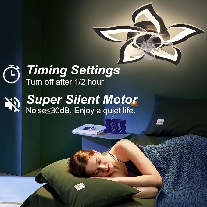 26" Geometric Ceiling Fan with Lights Remote Control, 6 Speeds 3 Colors, Black Low Profile Flush Mount Ceiling Fan for Kitchen Bedroom Living Room