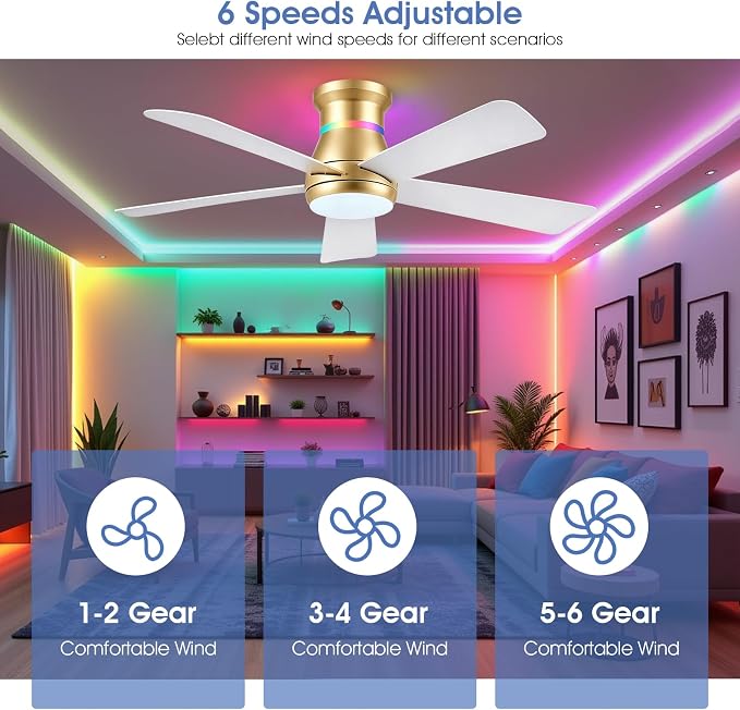 Surtime 46" Ceiling Fans with RGB Lights - Flush Mount Ceiling Fan Light with LED 3CCT Dimmable, Modern Low Profile Gold Ceiling Fan with Reversible White Blades