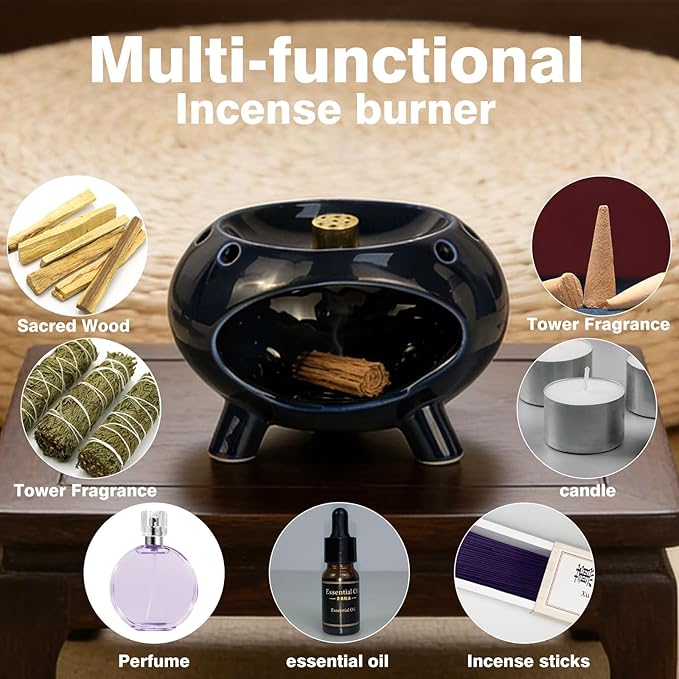 Ceramic Palo Santo Holder, Mini Chimenea Incense Burner with Vent Holes for Sage Burning, Wood Sticks, Cones, Tealights, Cedar and Zen Burner for Yoga, Meditation, Aromatherapy, and Energy (Blush)