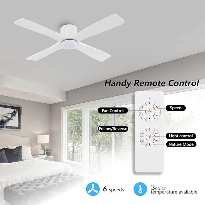 WINGBO 48 Inch Flush Mount DC Ceiling Fan with Lights and Remote, 4 Reversible Carved Wood Blades, 6-Speed Noiseless DC Motor, Hugger Ceiling Fan in White Finish, Low Profile Ceiling Fans, ETL Listed