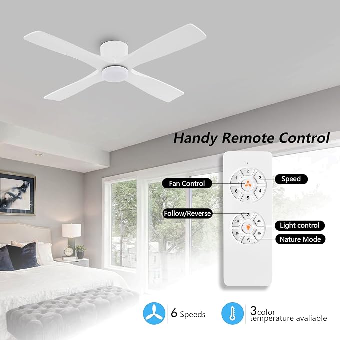 WINGBO 54 Inch Flush Mount DC Ceiling Fan with Lights and Remote, 4 Reversible Carved Wood Blades, 6-Speed Noiseless DC Motor, Hugger Ceiling Fan in Gloss White with White Blades
