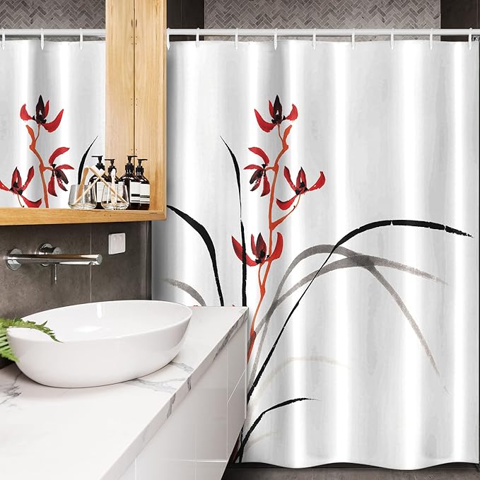 Ambesonne Japanese Stall Shower Curtain, Classic Cultural Chinese Ink Paint of Native Wild Orchids Reflexive Birches, Fabric Bathroom Decor Set with Hooks, 54" W x 78" L, Orange Black