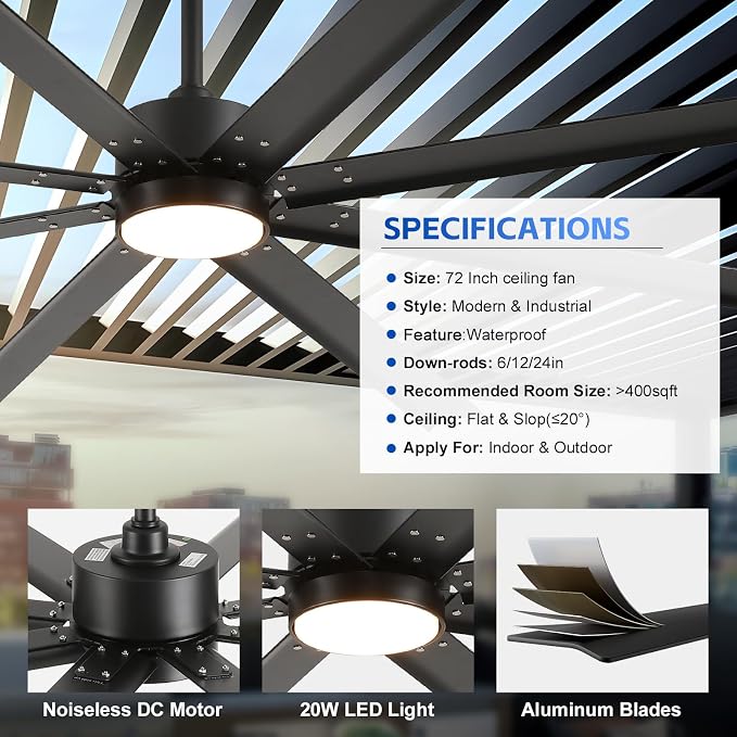 72 Inch Waterproof Outdoor Ceiling Fan with Light, Smart Ceiling Fan with Alexa/APP Control, 8 Modern Black Aluminum Blades, Large Airflow Reversible Quiet DC Motor, Wet-Rated for Patios Gazebo Garage