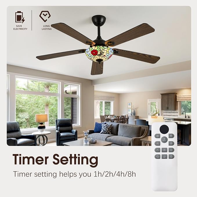 52" Tiffany Style Ceiling Fans with Lights, Vintage Chandelier Ceiling Fan with Stained Glass Shade, Dimmable LED, 6 Speeds Reversible for Bedroom (Butterfly Garden)