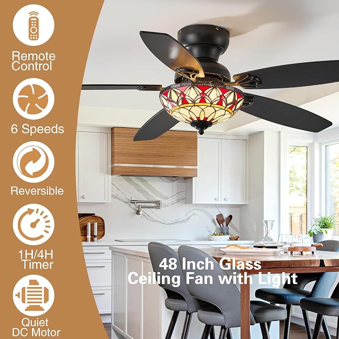 Tiffany Ceiling Fans with Lights - 48" Ceiling Fan Chandelier with 5 Dual-Blades and Glass Shade, 6 Speeds and Reversible, Indoor and Outdoor, Retro Style