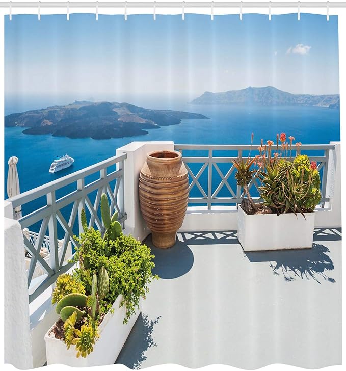 Ambesonne Landscape Shower Curtain, Santorini Island Greece Aegean Sea Trees Flowers Clear Sky Photo Print, Cloth Fabric Bathroom Decor Set with Hooks, 69" W x 70" L, Blue White