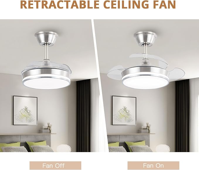 STERREN 30" Retractable Ceiling Fans with Lights, Dimmable LED Ceiling Fan Remote Control, Modern Small Fan Light for Bedroom Living Room Dinning Room Kitchen, 3000K-6500K, 6 Speed (Brushed Nickel)