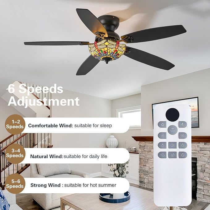 Tiffany Ceiling Fans with Lights - 52" Ceiling Fan Chandelier with 5 Dual-Blades and Glass Shade, 6 Speeds and Reversible, Indoor and Outdoor, Retro Style