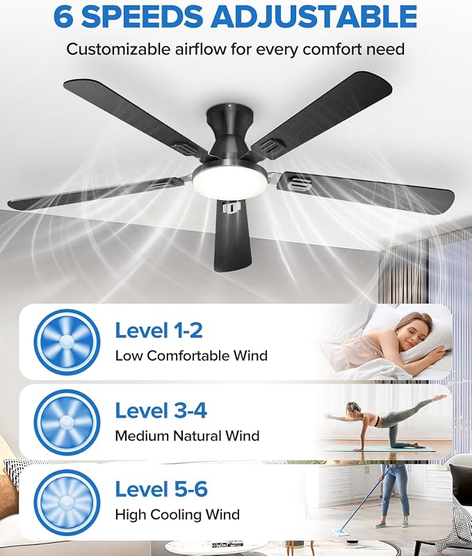 UME 60" Ceiling Fan with Lights & Remote, 6 Blades Low Profile Ceiling Fan, Quiet DC Motor, Natural Wind, 6 Speeds, 3CCT Dimmable 20W LED Modern Ceiling Fan for Bedroom, Living Room, Black