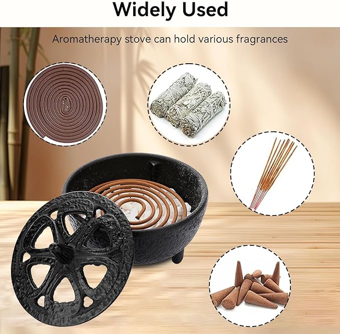 Cast Iron Incense Burner, Lotus Shaped Holder for Cones, Sticks, Coils, Sage and Frankincense - Retro Metal Container With Ash Catcher