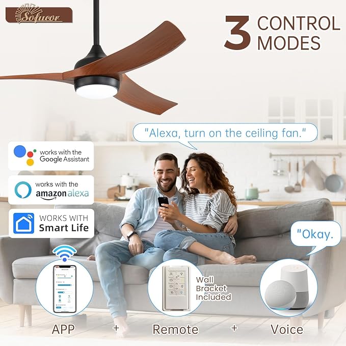 Sofucor 52 Inch Smart Ceiling Fan, Works with App/Alexa/Google, Outdoor Ceiling Fan with Lights Remote Control, Dimmable Airflow 6000CFM ABS 3 Blades Reversible DC Motor for Living Room Bedroom Patio