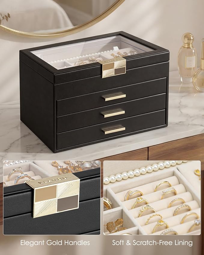 VLANDO Jewelry Box Organizer for Women, 4-Layer Jewelry Storage Case with Glass Lid, Gold Handle, 3 Drawers for Rings, Earrings, Necklaces and Bracelets - Black