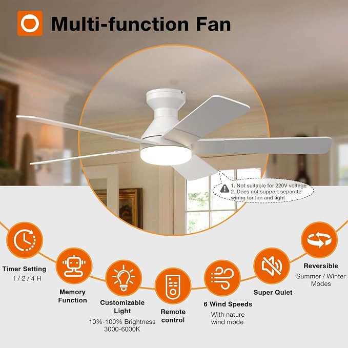 addlon Ceiling Fans with Lights, 52 inch Low Profile Ceiling Fan with Light and Remote Control, Flush Mount, Reversible, 3CCT, Dimmable, Noiseless, White Ceiling Fan for Bedroom, Indoor/Outdoor Use