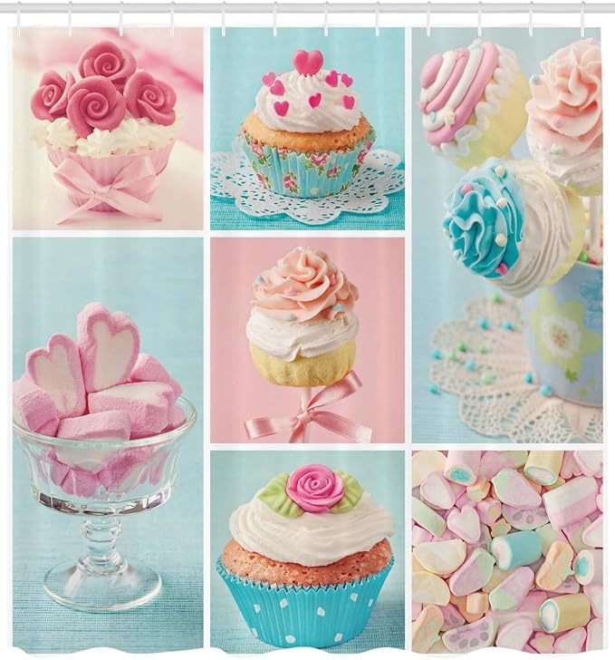 Ambesonne Coffee Shower Curtain, Collage of Cupcakes and Marshmallows in Pastel Colors Photos, Cloth Fabric Bathroom Decor Set with Hooks, 69" W x 70" L, Blue Pink
