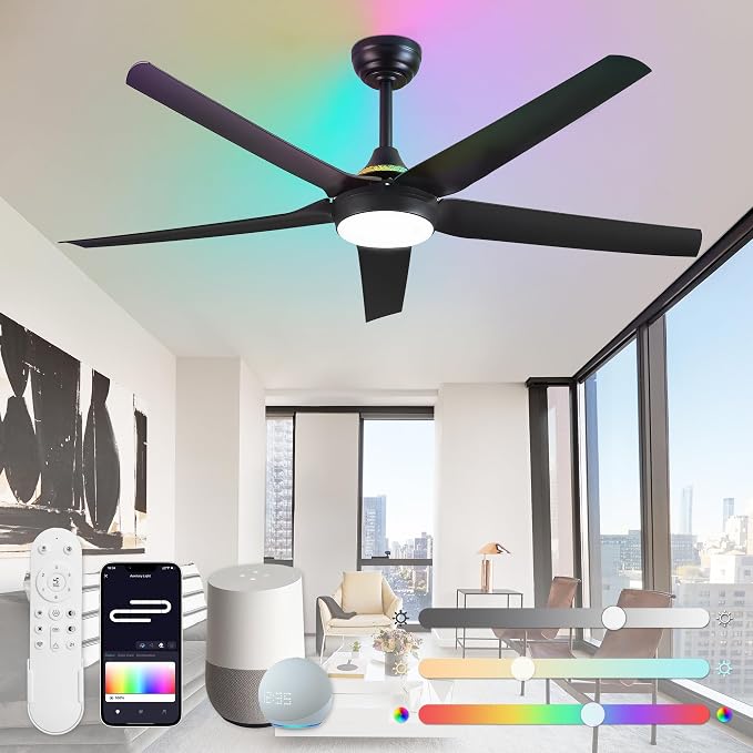 Fanbulous 56'' Smart Ceiling Fans with RGB Lights, Modern Ceiling Fan with Alexa/App/Remote Control, Dimmable LED Light, Reversible DC Motor, for Living Room, Bedroom, Game Room, Black