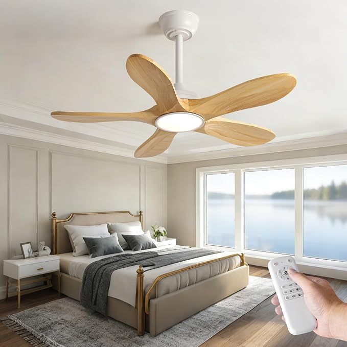 36 Inch White Ceiling Fans with Lights and Remote Control, 5 Blade Natural Wood Ceiling Fan with Light, Modern Indoor Outdoor Ceiling Fan for Porch Kitchen, Dimmable, Reversible, Memory Function