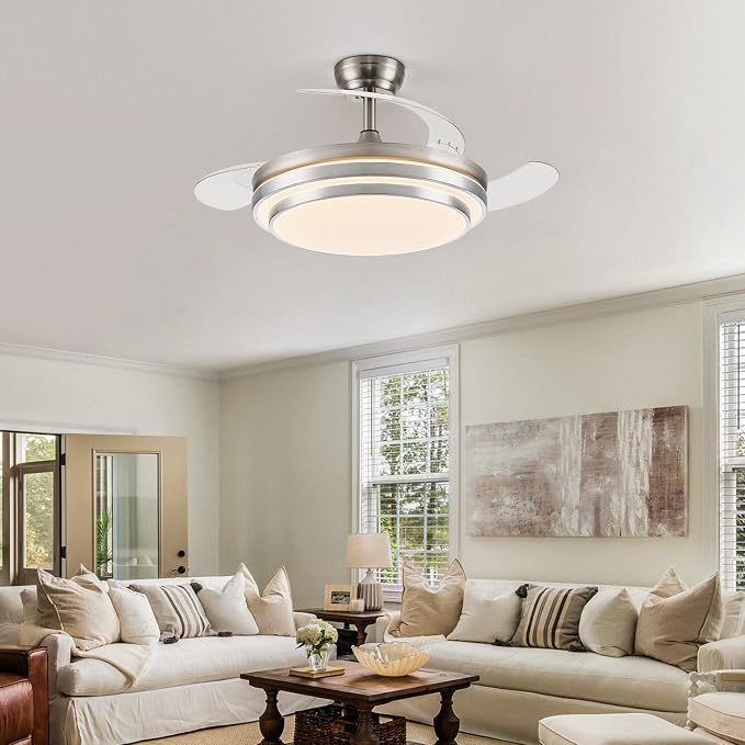 FIDGRA 42 Inch Fandelier Ceiling Fan with Light, Retractable Ceiling Fan with Lights for Bedroom Living Room Dinning Room, Chandelier with Fan 6 Speed, 3 Color Temperature-Brushed Nickel