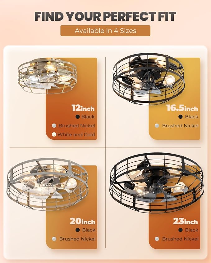 23 Inch Farmhouse Caged Ceiling Fan with Light, Remote Control Flush Mount Fan Lights Ceiling Fixtures, 6 Speeds Reversible Motor Bladeless Indooor Lights for Kitchen, Living Room, Bedroom, Black
