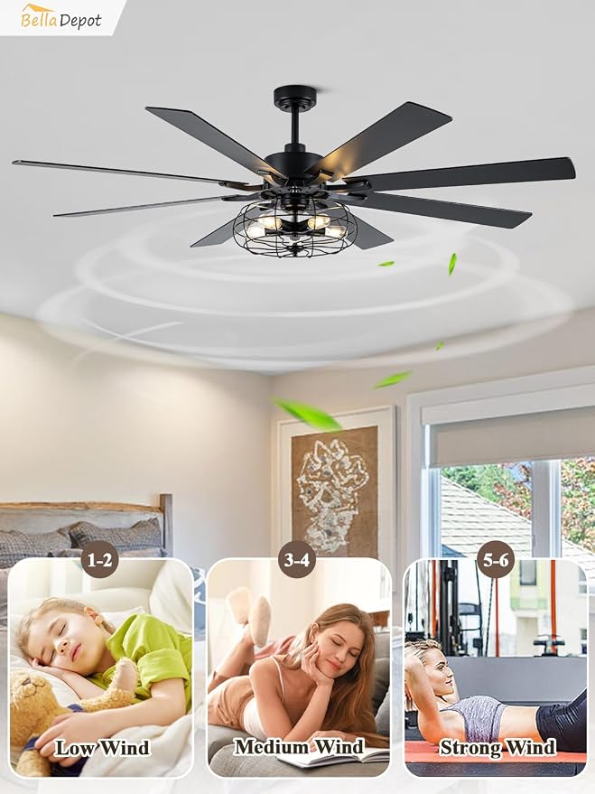 Bella Depot 72 Inch Large Farmhouse Ceiling Fan Industrial Big Chandelier Ceiling Fan with Light, 6-Speed, Reversible, Timing Option - Ideal for Bedroom, Living Room, Covered Patio