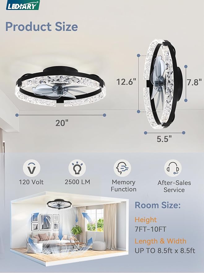 LEDIARY 20 Inch Low Profile Ceiling Fans with Lights and Remote, Fandelier Ceiling Fan Flush Mount, 3000K-6000K Dimmable LED Fan Light, Black Modern Ceiling Fans with Lights for Bedroom