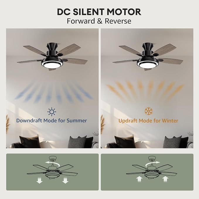 Ceiling Fans with Lights and Remote Control, 42 Inch Low Profile Ceiling Fan with Quiet Reversible DC Motor, Dimmable LED Lighting, 6 Speeds, Timer, Black Ceiling Fan for Bedroom Living Room