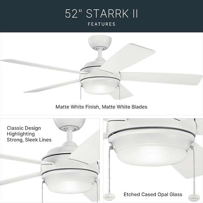 Kichler Starkk 52 in LED Ceiling Fan with Light, 5 Blade Modern White Ceiling Fan with Integrated LED Light and Downrod for Bedroom, Living Room, Kitchen, Dining Room, 330174MWH