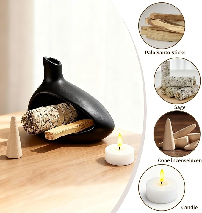 Palo Santo Holder, Ceramic Incense Burner for Sticks Sage Holders Cone Burning Smudge Bowl with Ash Brush for Meditation Yoga Spa Room Decor (Black)