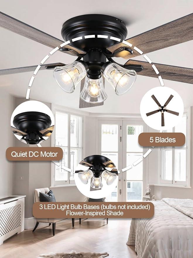 52" Flush Mount Crystal Ceiling Fan with Lights and Remote | Rustic Chandelier Ceiling Fan, Low Profile Farmhouse Fandelier for Bedroom Living Room Kitchen, 3 E12 Bulbs (Not Included)