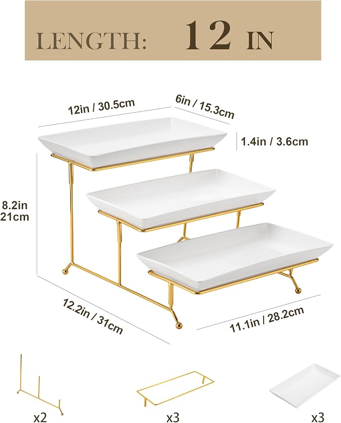 MALACASA 3 Tier Serving Trays for Party, 12 Inch Porcelain White Trays for Serving Food, Dessert Stand with Collapsible Gold Metal Rack | Tiered Serving Stand for Party, Fruit Tray, Trays for Serving Food, Dessert Stand with Collapsible Sturdier Gold M...