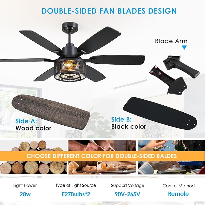 Hounberi 52" Farmhouse Ceiling Fans with Lights and Remote, Black Industrial Caged Ceiling with Seeded Glass, 6-Speed Reversible Quiet DC Motor, Black Ceiling Fan with Light for Living Room Kitchen