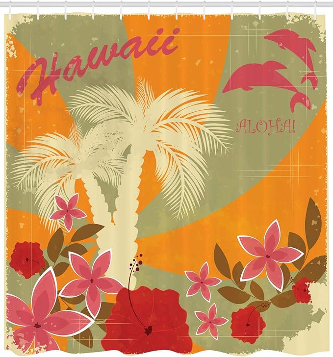 Ambesonne Hawaiian Shower Curtain, Aloha Vintage Print Colorful Swirl Backdrop Dolphins Palm Trees Flowers, Cloth Fabric Bathroom Decor Set with Hooks, 69" W x 70" L, Green Marigold