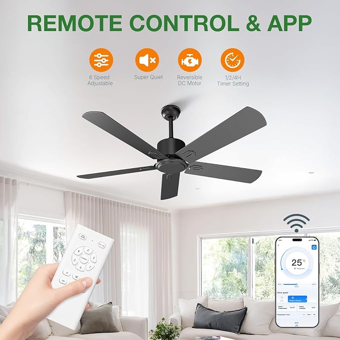 Obabala Black Ceiling Fan No Light, 52 in Outdoor Flush Mount Ceiling Fans with Remote Control without Light, 5 Blades, 6 Speed Reversible DC Motor Modern for Patios, Garage, Bedroom, Porch